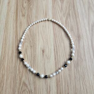 Vintage Champagne Faux Pearl Black Crystal Bead Necklace Gold Tone 25in